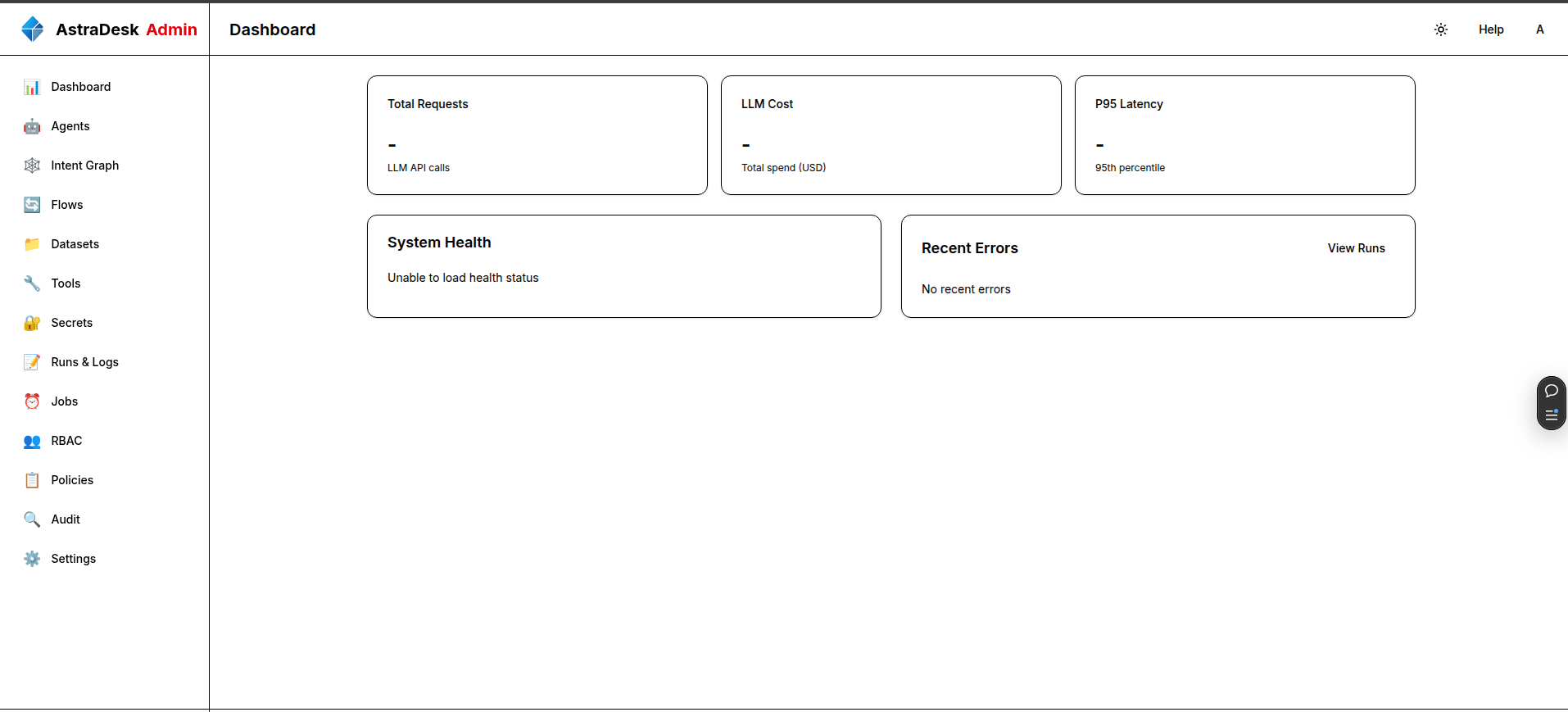 AstraDesk Admin Portal Dashboard – Enterprise monitoring and governance